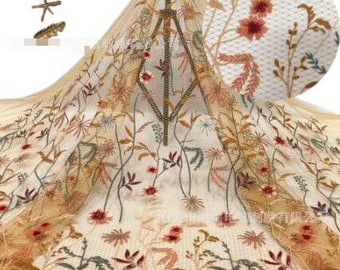 Gold Thread Lace Fabric Brown Tulle Leaf Floral Exquisite Embroidery  Exquisite Bridal Wedding Headband 59" wide Tutu Dress Party Decoration