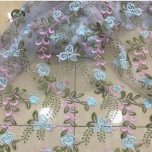 1 yard Ivory Tulle Pink Green Blue Floral Embroidery Lace Fabric Exquisite Bridal Wedding Fabric Headband 51" width