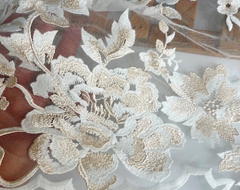 Gold Floral Embroidery Lace Trim Bridal Fabric Veil Fabric Alencon Lace Trim for Bridal Wedding Dress Skirt 42cm width high quality