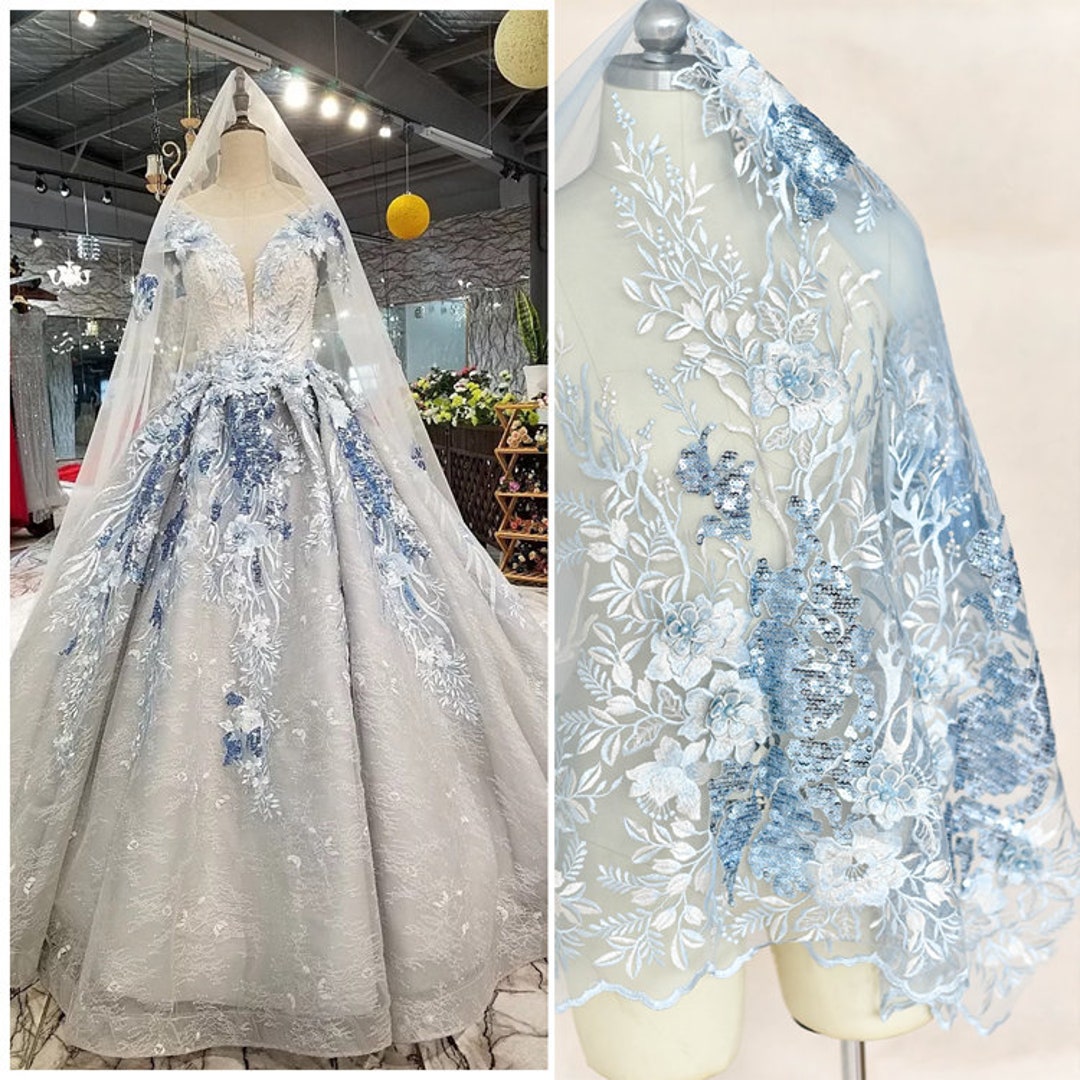 1 Set Blue 3D Flower Bead Pearl Sequin Lace Fabric Floral Embroidered ...