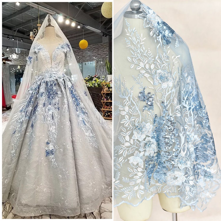 1 Set Blue 3D Flower Bead Pearl Sequin Lace Fabric Floral Embroidered ...