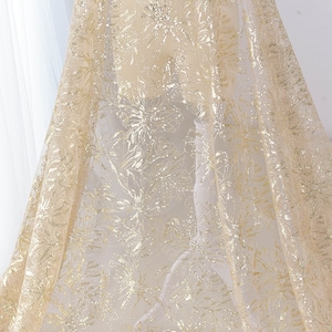 Tul dorado Flor de peonía Lentejuelas de lujo Vestido de novia Perforación Tela de encaje Bordado Corpiño de boda Velo Tela