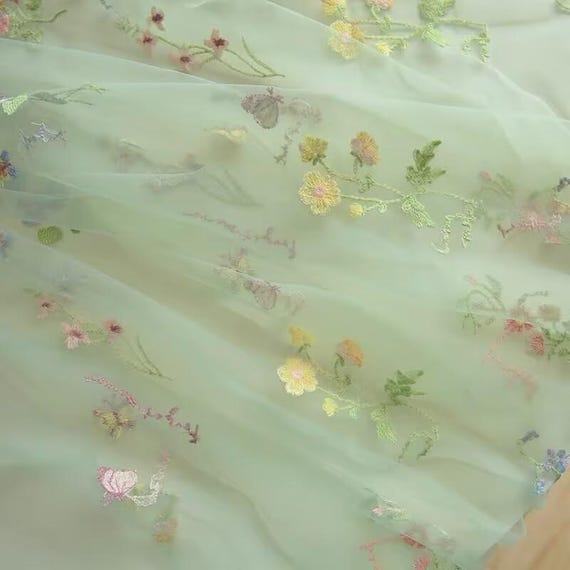 2 Colors Light Pink Light Gren Tulle Delicate Small Floral Flower Embroidered Lace Fabric for Veil Fabric Wedding Fabric Dress Fabric 51"