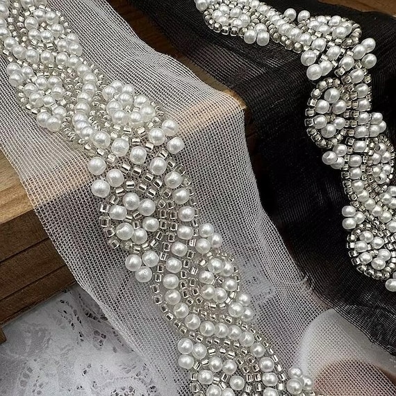black beaded trim for dresses Pearl Trim White Tulle Lace Trim Bridal Sash Trim, Wedding Gown Straps Trim, Hairband Trim by yard 2.5cm width beads border fancy lace design