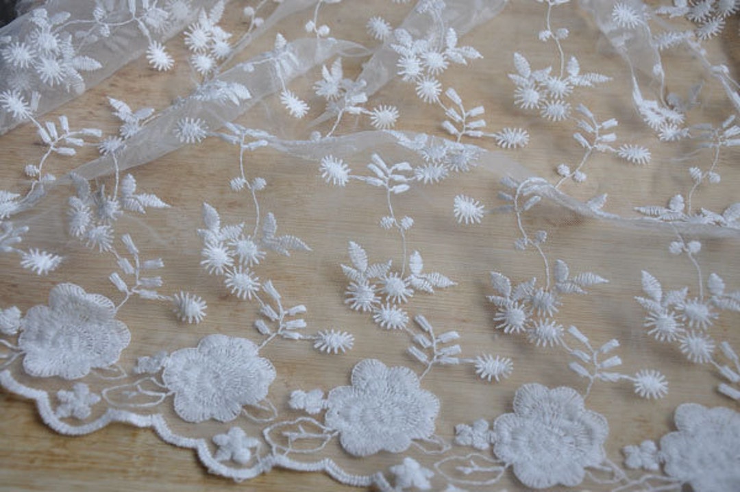 1 Yard Lace Fabric Ivory Tulle Cotton Small Floral Embroidery Bridal ...