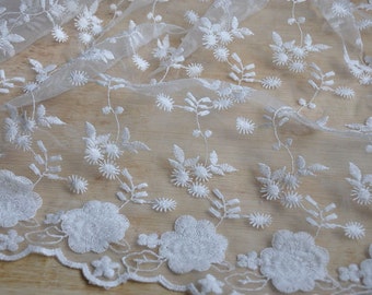 1 yard Lace Fabric Ivory Tulle Cotton Small Floral Embroidery Bridal Wedding Headband 51" width