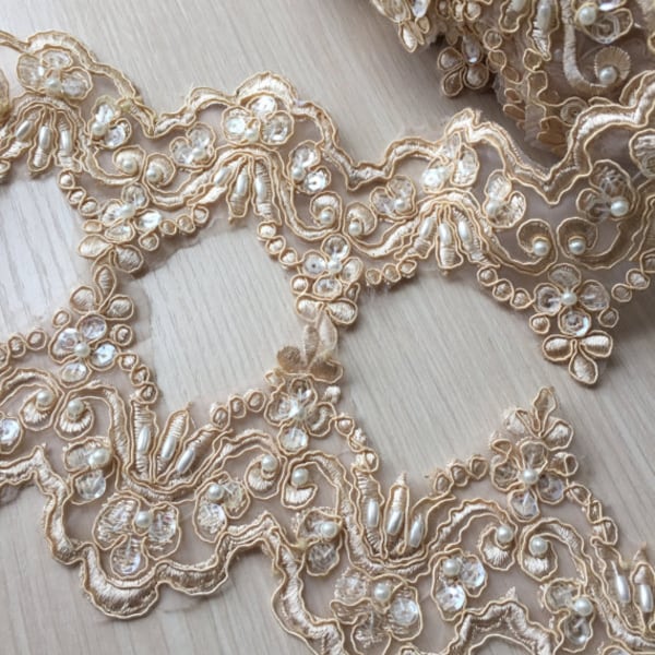 Champagne Alencon Lace Trim Pearl Beaded Sequined Wedding Aulic Retro 3.54 Inches Wide 1 Yard Bridal Veil Dress Supply