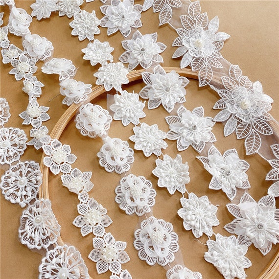 Lace Trim organza layers 3D flowers applique lace off white | Etsy