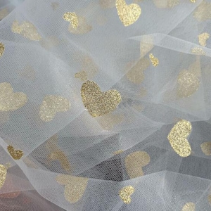 White Tulle glitter sequin sweet gold heart lace fabric for DIY girls bady dress, wedding dresses, prom dresses or banquet dresses 59&quot; width