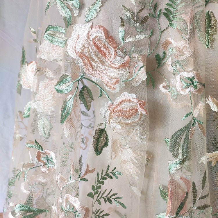 Embroidered Lace Fabric, Apricot Tulle Peony, Green Flower Fabric