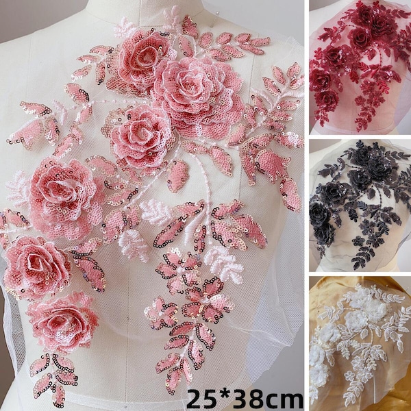 4 colors Fulled Sequin 3D Flower Luxury Retro Embroidery Super Lace Appliques Floral Exquisite Wedding Dress Grown Bridal Veil Accessories