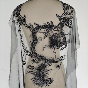 1 pc Black Dragon Sequin flower Lace Applique Beaded Pearl flowers embroidery applique for Wedding applique Bridal Headwea veil applique