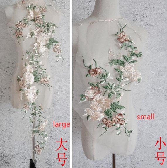 3D Green Brown Rose Flower Embroidery Lace Applique Lace Fabric Embellished Lace Patch for wedding dance costumes bridal hair accessories