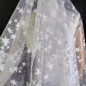 Silver White Star Beaded pearl Lace Fabric soft Tulle Mesh Glitter Fabric For Baby Tutu Dress, Gowns, Wedding Veil, Home Decoration By Yard