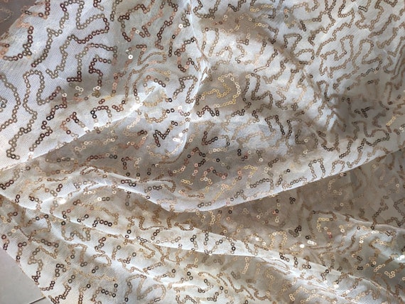 1 Yard Lace Fabric Beige Tulle Gold Sequins Exquisite Floral