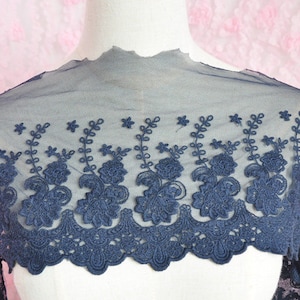 2 yards Dark Blue Flower Lace Trim Tulle Embroidery Bridal Wedding Lace Trim Headband 8.66 inches width