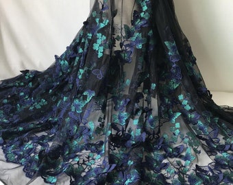6 colors Lace Fabric 3D Blue Butterfly Floral Exquisite Embroidery Black Tulle Exquisite Bridal Wedding Headband 51" width