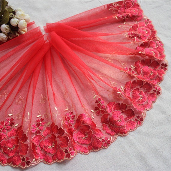 2 metri di tulle rosso fiore squisito pizzo trim morbido floreale ricamato  pizzo da sposa pizzo da sposa 10.6 largo alta qualità -  Italia