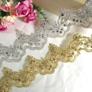 Bordure classique en dentelle d&#39;os de voiture à sequins or et argent, robe de mariée en voile de mariée, dentelle et sequins de 3,9 pouces