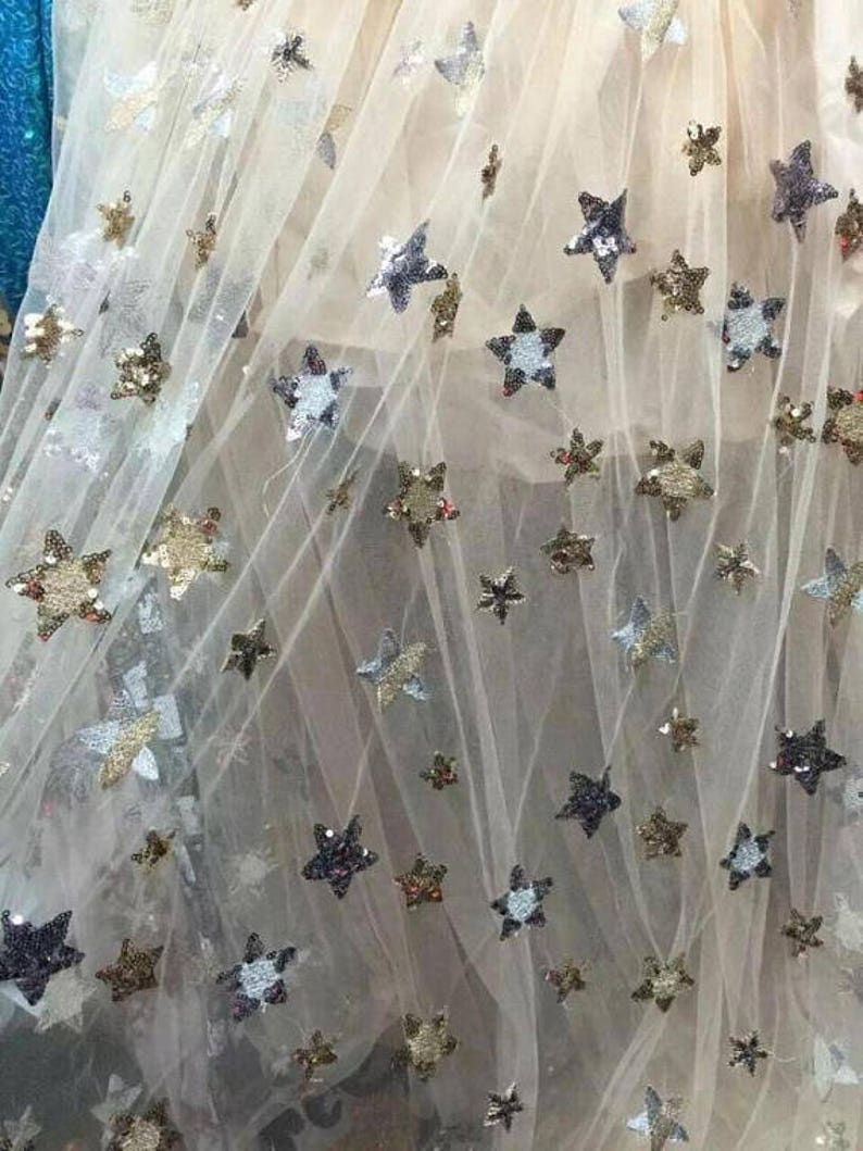 Fabulous Biege Tulle Sequined Lace Fabric Exquisite Stars Fabric 51 Wide Wedding Dress Veil Costume Supplies image 2
