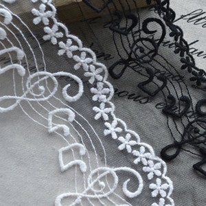 White Black Musical Lace Trim Embroidery Flower Bridal Wedding Fabric Headband 3.93" width 2 yards