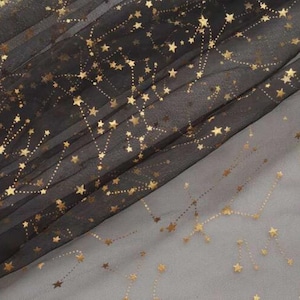 Glitter print gold star constellation off white black tulle lace fabric for DIY girls bady dress, wedding dresses, prom dresses 59" width