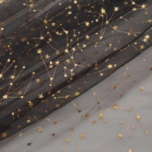 Glitter print gold star constellation off white black tulle lace fabric for DIY girls bady , wedding dresses, prom dresses 59&quot; width