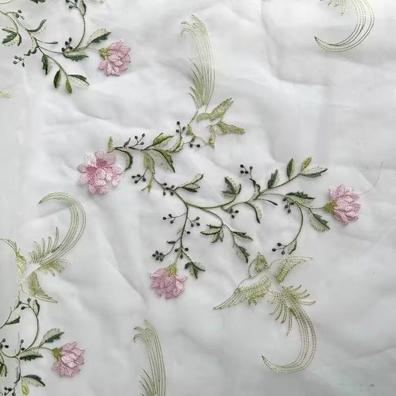 yard Apricot Organza Stoff Hübsche Blätter Blume Bestickt Rosa