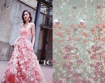 3D Flower Peach Flower Embroidery Lace Fabric Materials Mesh Trim Wedding Bridal Evening Dress Costume Hands 51" Width Sold by yard