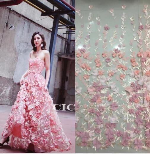 3D Flower Peach Flower Embroidery Lace Fabric Materials Mesh Trim