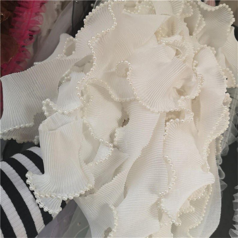 Lolita White/black Bead Pattern Pleatedelastic Chiffon Lace | Etsy