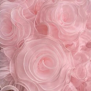 1 pezzo di pizzo organza con fiori 3D rosa e bianchi, bordo in pizzo chiffon, bordo floreale in chiffon, bordo da sposa, bordo a rosetta 15 cm