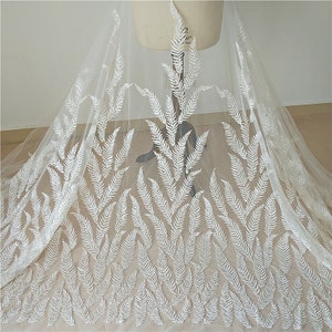 Luxurious Lace Off White Leaf Embroidery Beaded Pearl Sequin Lace Fabric Alencon Alice Floral Embroidery Wedding Gown Bridal Dress Lace 51"