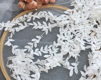 2 yards Ivory Leaf Lace Trim Applique Floral  Bridal Veil Alencon Lace Trim Bridal Wedding Dress