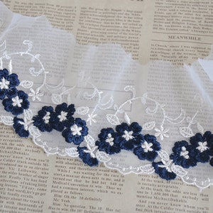2 yards Ivory Tulle Dark Blue Floral Exquisite Lace Trim Embroidered Floral Wedding 3.14 Inches Wide