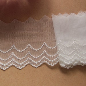 Może przedstawiać: Biała falbana koronkowa z delikatnym wzorem w kropki. Koronka ma szerokość około 2,5 cm.