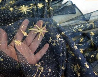 4 colors Lace Fabric Star Moon Embroidery Gold Glitter Floral Soft Tulle Exquisite Bridal Wedding Headband 51&quot; width 1 yard