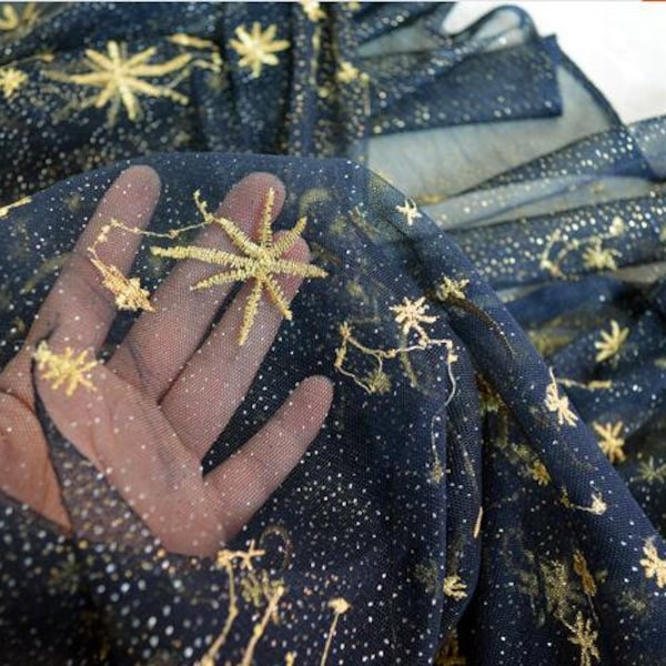 4色レース生地 星月刺繍 ゴールドグリッター 花柄 ソフトチュール 絶妙なブライダルウェディングヘッドバンド 幅51インチ 1ヤード