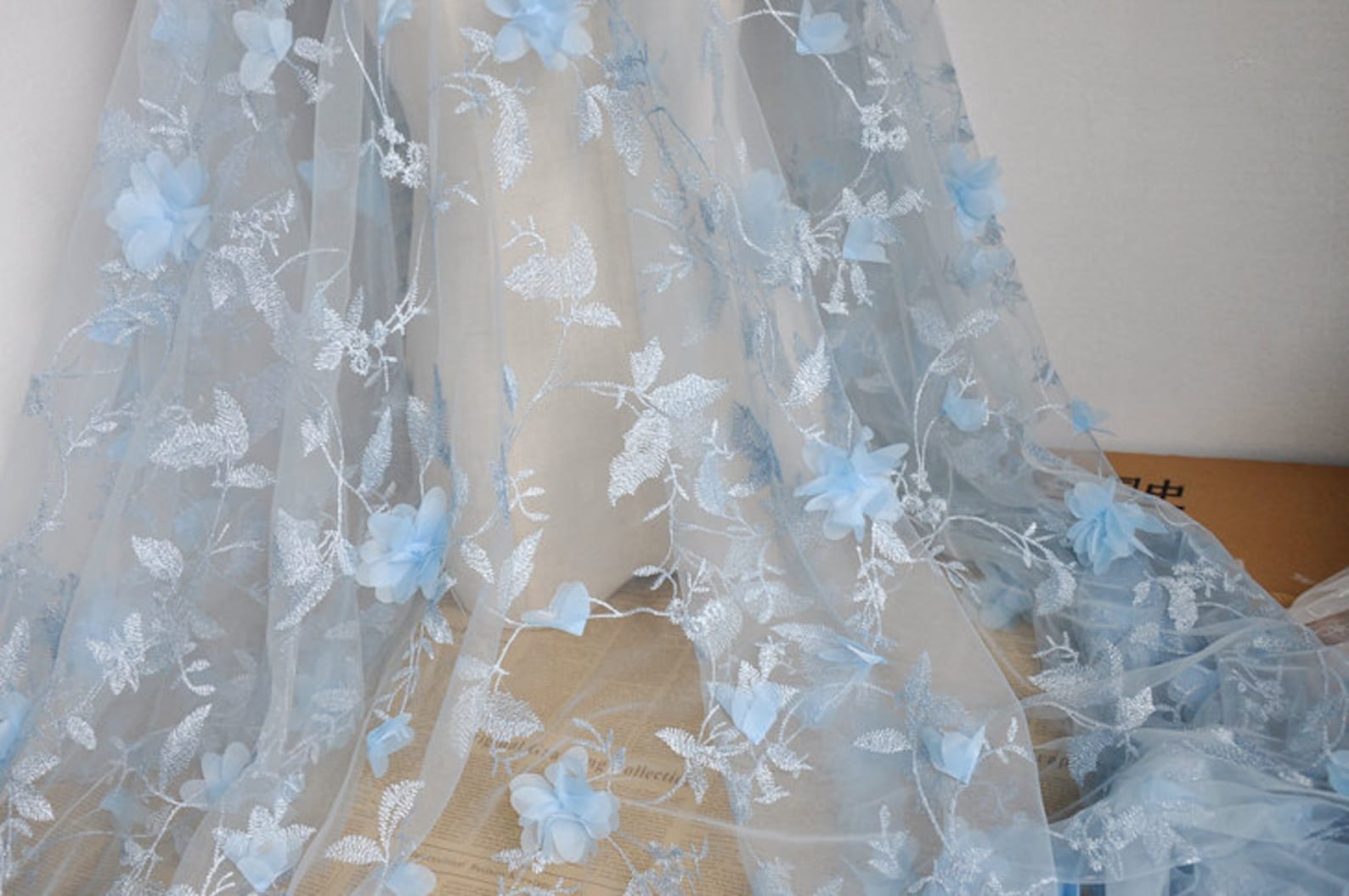 Blue Chiffon Mesh Lace Fabric Trim With 12 Large Flower Appliques - 1 Yard (0.92m) By Attika Fashion-802157