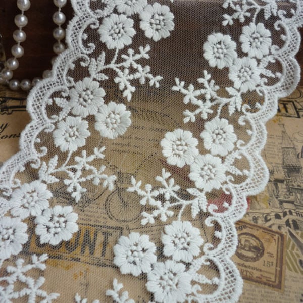 2 yard Lace Trim Ivory Beige Black Tulle Cotton Embroidery Floral Bridal Wedding Headband 3.93" width