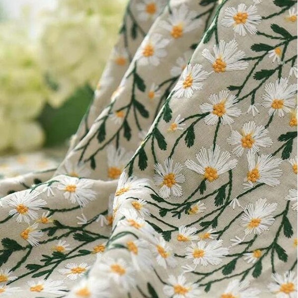 2 colors Cotton linen fabric white daisy embroidery lace fabric for boho dresses, skirt tops, dress skirts embroidery flower 47" width