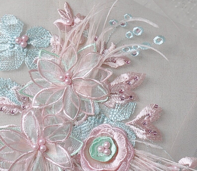 2 colors 3D Blue Pink Feather Pearl Beaded Flower Lace Applique Embellished Lace Patch for wedding dance costumes bridal hair accessories