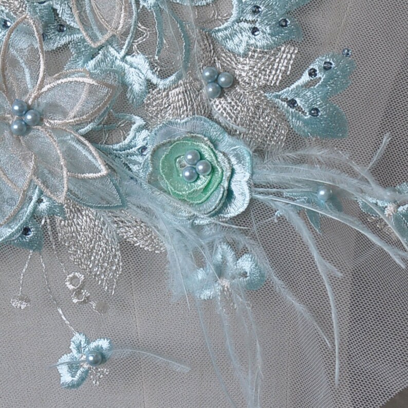 2 colors 3D Blue Pink Feather Pearl Beaded Flower Lace Applique Embellished Lace Patch for wedding dance costumes bridal hair accessories