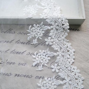 May include: White lace trim featuring a delicate floral design. The lace is made from a sheer fabric and has a scalloped edge.