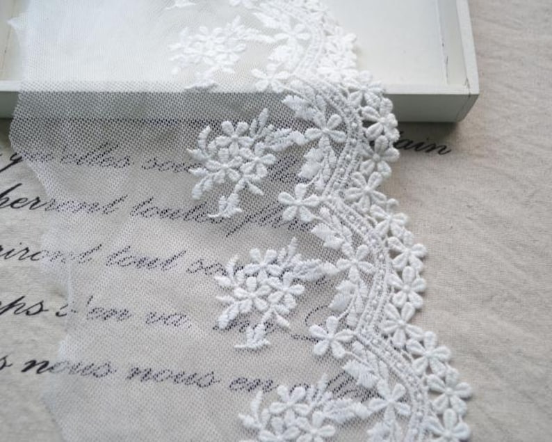 May include: White lace trim featuring a delicate floral design. The lace is made from a sheer fabric and has a scalloped edge.