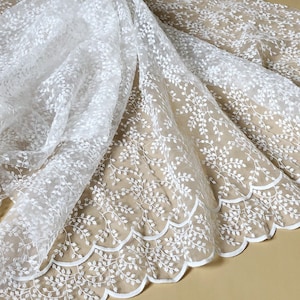 White Organza Floral  Lace Fabric Flower Embroidery Fabric Exquisite Bridal Wedding Fabric Headband 51" width 1 yard