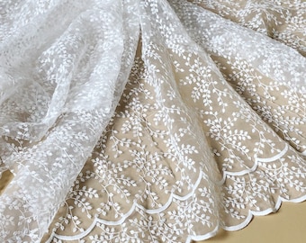 White Organza Floral  Lace Fabric Flower Embroidery Fabric Exquisite Bridal Wedding Fabric Headband 51" width 1 yard
