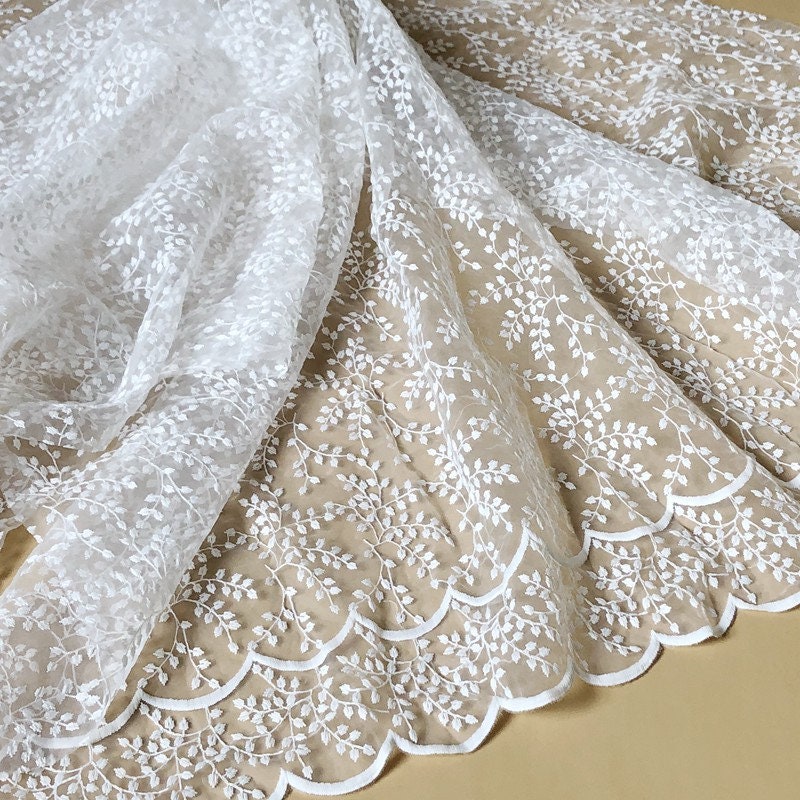 Tissu Organza Brodé Blanc - 1 Mètre, Motif Floral, Largeur 46-59", Pour Mariage, Robe, Rideaux DIY