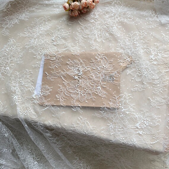 1 Yard Sequins Franch Lace Fabric Flower Alice Exquisite Ivory
