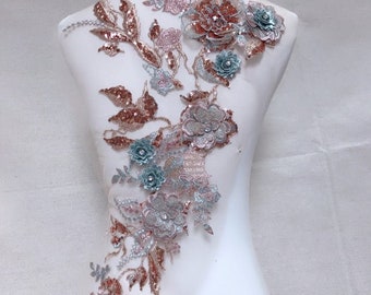 3D Sequin Embroidery Flower Sequin Applique, Luxury Beaded Sequined Lace Applique, Bridal Gown Prom Dress Dance Costume